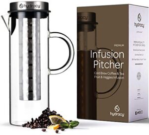 cold brew coffee maker – large glass infusion pitcher 1.6 quarts 52oz – iced coffee & iced tea pitcher with stainless steel lid and mesh filter & fruit infusion tube – perfect for home or office