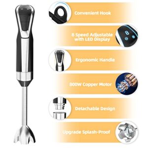 Immersion Blender 4 in 1 with LED Display 8 Speed Hand Blender ,Powerful 800W,Stainless Steel Blades ,with Whisk,600ML Beaker and 500ML Chopper,Storage Bracket (1.5m-Cable)BPA Free