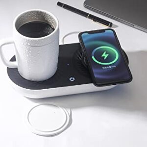 Coffee Mug Warmer, MINXUE Drink Cooler with Wireless Charger for Home Office Desk Use,Warming, Cooling and Charging All in 1