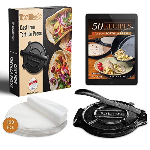 Tortillada – 10 inch Tortilla Press + Parchment Paper (100 pcs) - Pre-Seasoned Cast Iron with Recipes E-Book