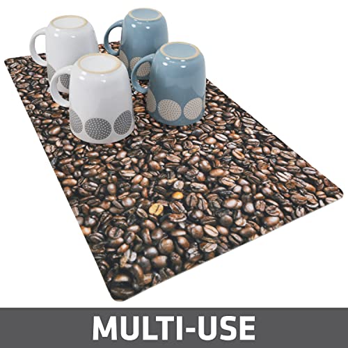 Drymate Coffee Maker Mat, (Coffee Station Bar Accessory) Protects Kitchen Countertops From Spills, Stains & Scratches - Absorbent/Waterproof/Machine Washable (USA Made) (12” x 20”) (Coffee Beans)