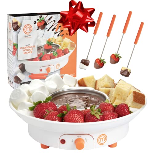 MasterChef Chocolate Fondue Maker- Deluxe Electric Dessert Fountain Fondue Pot Set w 4 Forks & Party Serving Tray -Melting, Warming Caramel, Cheese, Sauce, Fun Birthday Easter Day Gift