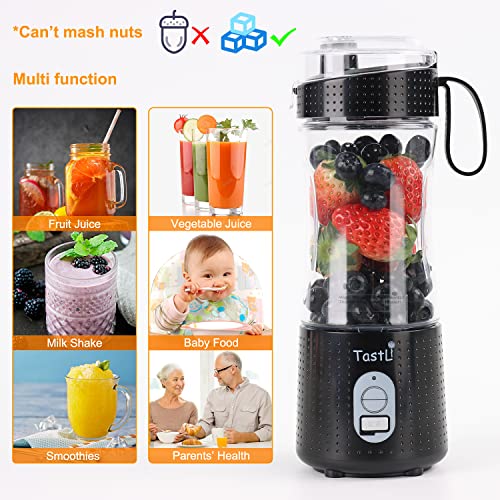 TastLi Portable Blender for Shakes and Smoothies, USB Rechargeable Mini Travel Electric Personal Size, with 13oz Blender Bottles, Powerful Motor, 6 Blades(Black)