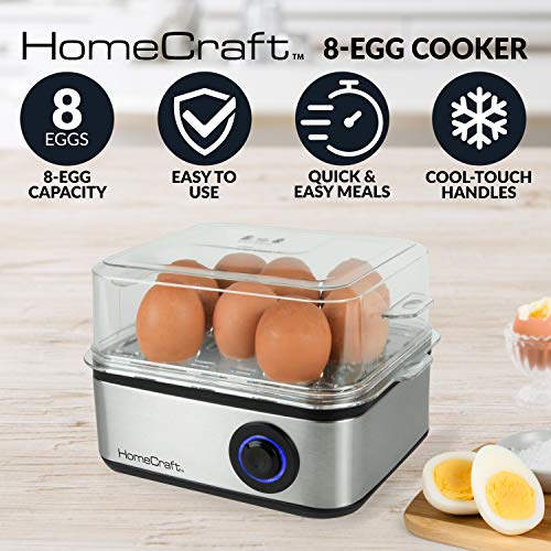 HomeCraft Premium Stainless Steel 8 Capacity Electric Large Hard-Boiled Egg Cooker Poached, Scrambled, Omelets, Whites, Sandwiches, for Keto & Low-Carb Diets, Vegetable Steamer, with Buzzer