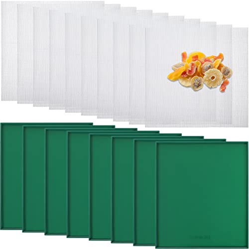 8 Pcs Silicone Dehydrator Sheets Fruit Trays with Edge and 10 Pcs Mesh Dehydrator Mats Non Stick Square Reusable Food Dehydrator Trays for Making Fruit Leather Dehydrated Eggs Vegetables