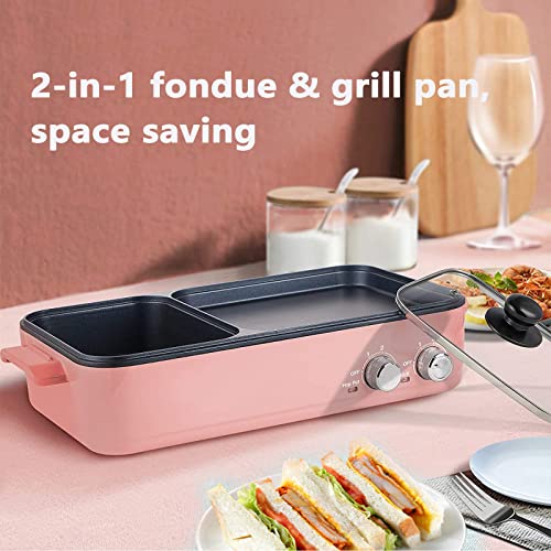 Indoor NonStick Electric Griddle and Hot Pot - 2-in-1 Hot Pot - Independent Dual Temperature Control(Pink)