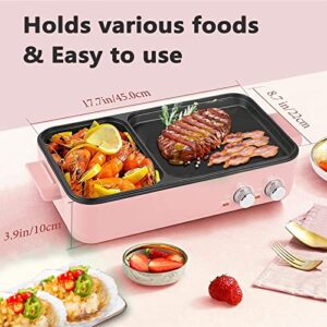 Indoor NonStick Electric Griddle and Hot Pot - 2-in-1 Hot Pot - Independent Dual Temperature Control(Pink)