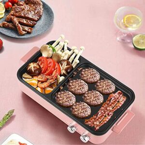 Indoor NonStick Electric Griddle and Hot Pot - 2-in-1 Hot Pot - Independent Dual Temperature Control(Pink)