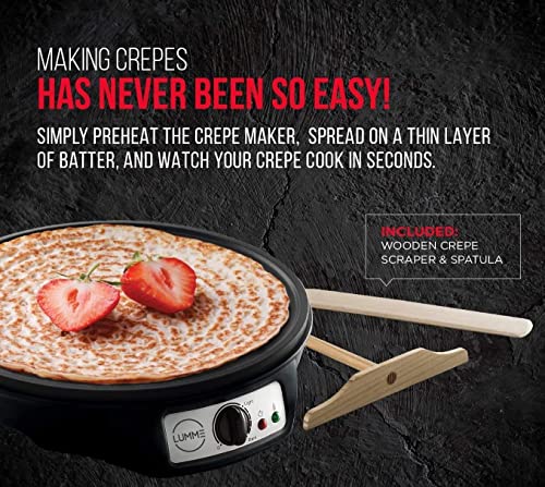 Lumme Crepe Maker - Nonstick 12-inch Breakfast Griddle Hot Plate Cooktop with Adjustable Temperature Control and LED Indicator Light, Includes Wooden Spatula and Batter Spreader.