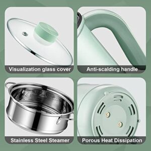 Smart Mini Electric Hot Pot w. Steamer Tray 1.7L Non-Stick Rapid Noodle Cooker 3 Power Level 5 Modes 600W Quick Cook 300W Low Heat 15W Keep Warm 6H Timer Delay Non-Stick Pan for Rice Soup Pasta Porridge Boiling Water, Green