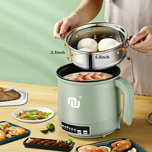 Smart Mini Electric Hot Pot w. Steamer Tray 1.7L Non-Stick Rapid Noodle Cooker 3 Power Level 5 Modes 600W Quick Cook 300W Low Heat 15W Keep Warm 6H Timer Delay Non-Stick Pan for Rice Soup Pasta Porridge Boiling Water, Green