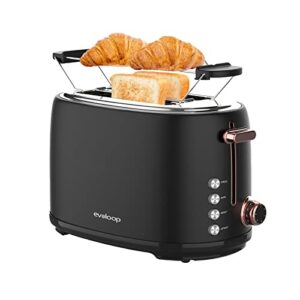 evoloop toaster 2 slice, stainless steel bread toasters, 6 bread shade settings, reheat, bagel, defrost, cancel function, 1.5″ extra wide slots,with removable crumb tray and warming rack (black)