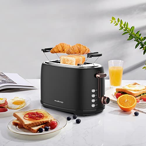 Evoloop Toaster 2 Slice, Stainless Steel Bread Toasters, 6 Bread Shade Settings, Reheat, Bagel, Defrost, Cancel Function, 1.5" Extra Wide Slots,with Removable Crumb Tray and Warming Rack (Black)