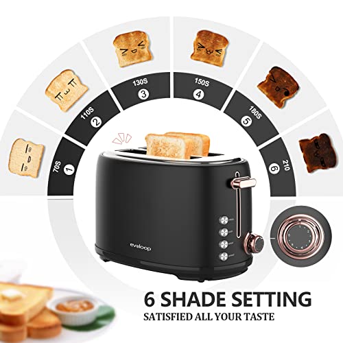 Evoloop Toaster 2 Slice, Stainless Steel Bread Toasters, 6 Bread Shade Settings, Reheat, Bagel, Defrost, Cancel Function, 1.5" Extra Wide Slots,with Removable Crumb Tray and Warming Rack (Black)