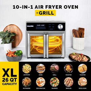 Kalorik MAXX Air Fryer Oven Grill, 26 Quart, Smokeless Indoor Grill and Air Fryer Oven Combo, Up to 500°F, 1700W, Digital Display, 22 Presets, 11 Accessories and Bonus Cookbook