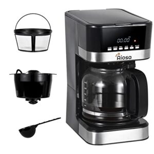 Aiosa 4-12 Cups Personal Coffee Maker,Programmable Coffee Maker,Drip Coffee Machine,With Glass Coffee Pot,Cafetera,Filter Coffee Machine,Stainless Steel, Coffee Maker Machine