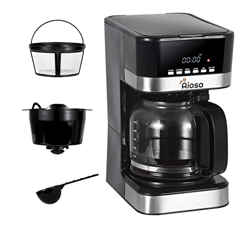 Aiosa 4-12 Cups Personal Coffee Maker,Programmable Coffee Maker,Drip Coffee Machine,With Glass Coffee Pot,Cafetera,Filter Coffee Machine,Stainless Steel, Coffee Maker Machine