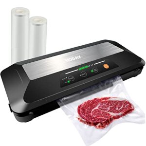 vacuum sealer machine, hoday 80kpa food preservation sealing machine with built-in cutter & roll storage, dry moist mode, food storage machine, led indicators, includes 2 bag rolls 8”x7’ and 11”x10’