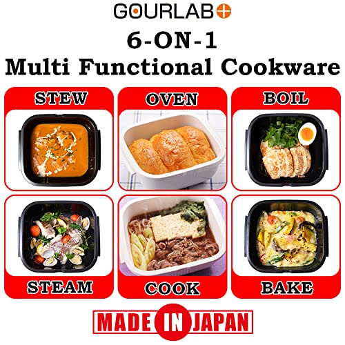 GOURLAB+ Microwave Cookware 6 in 1 Anyday Cookware Freezer & Oven Safe, Vegetable, Rice, Ramen Microwave Steamer BPA Free (Black) - Made in Japan…