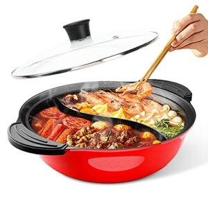 hot pot with divider for induction cooker dual sided soup cookware two-flavor chinese shabu shabu pot for home party family gathering, 4.5 quart (red)
