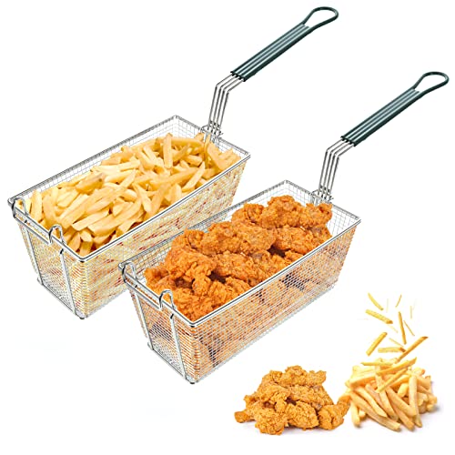 Delizon 2PCS Deep Fryer Basket with Front Hooks Non-Slip Handle, 13.2"x 6.5"x 5.9" Basket and 11.2" Long Handle Deep Fried Drain Basket for Floor Fryer, Easy Installation