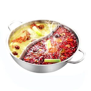 yzakka stainless steel shabu shabu hot pot pot with divider for induction cooktop gas stove (34cm, without cover)