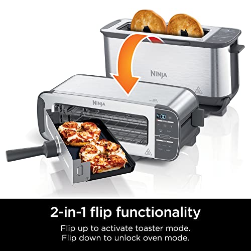 Ninja ST100 Foodi 2-in-1 Flip Toaster, 2-Slice Capacity, Compact Toaster Oven, Snack Maker, 1500 Watts, Stainless Steel (Renewed)