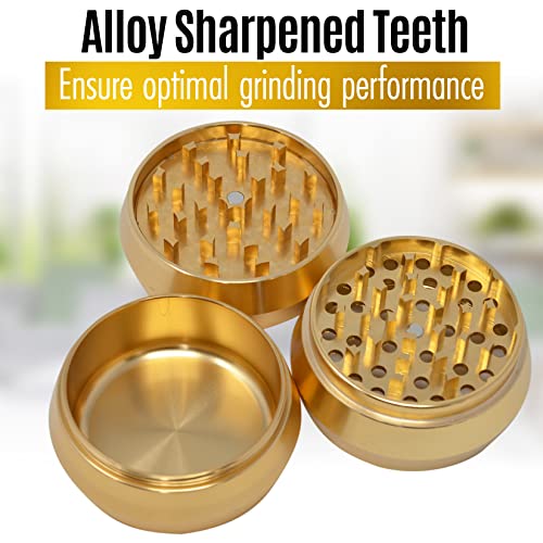 Herb Grinder - Big Aluminum Spice Grinder Mill in Velvet Bag - 3-Piece Metal Grinder with Sharp Teeth, Magnetic Lid - Easy to Use Manual Herbal Grinder - Decorative Dry Herb Grinders – Gold