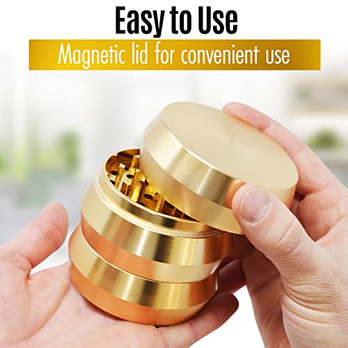 Herb Grinder - Big Aluminum Spice Grinder Mill in Velvet Bag - 3-Piece Metal Grinder with Sharp Teeth, Magnetic Lid - Easy to Use Manual Herbal Grinder - Decorative Dry Herb Grinders – Gold