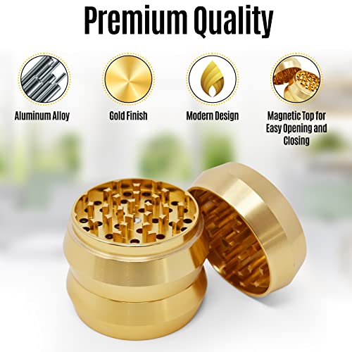 Herb Grinder - Big Aluminum Spice Grinder Mill in Velvet Bag - 3-Piece Metal Grinder with Sharp Teeth, Magnetic Lid - Easy to Use Manual Herbal Grinder - Decorative Dry Herb Grinders – Gold