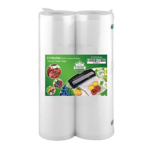 KitVacPak 8x50 2 Pack Vacuum Sealer Bags Rolls with BPA Free and Heavy Duty,Commercial Grade Vacuum Seal Freezer Bags Rolls Compatible with Any Type Vacuum Sealer