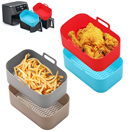 4PCS Air Fryer Silicone Liners,LYHOLKEER Dual Air Fryer Silicone Pot for 8 to 10 QT,Heat Resistant Rectangular Silicone Air Fryer Basket,Air Fryer Liners Reusable for Air Fryer Accessories