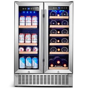 aaobosi 24 inch wine and beverage refrigerator – 19 bottles & 57 cans capacity wine cooler with dual zone – wine fridge built in counter or freestanding – 2 safety locks and blue interior light