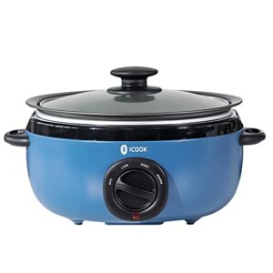 icook usc-35-op001bl 3.5 quart slow cooker ,aluminium sear/sauté stew pot stovetop safe,dishwasher safe,glass lid,adjustable temp,food warmer,blue