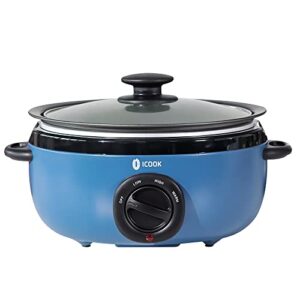 ICOOK USC-35-OP001BL 3.5 Quart Slow Cooker ,Aluminium Sear/Sauté Stew Pot Stovetop safe,Dishwasher Safe,Glass Lid,Adjustable Temp,Food Warmer,Blue