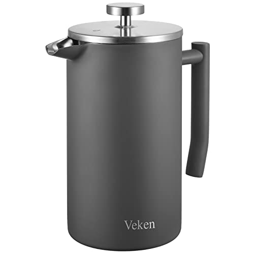 Veken 【Look for a New French Press French Press Coffee Tea Maker 34oz, 304 Stainless Steel Insulated Coffee Press with 4 Filter Screens Milk Frother, Rust-Free, Dishwasher Safe, Grey