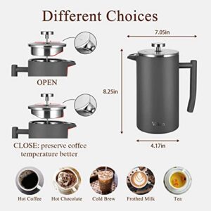 Veken 【Look for a New French Press French Press Coffee Tea Maker 34oz, 304 Stainless Steel Insulated Coffee Press with 4 Filter Screens Milk Frother, Rust-Free, Dishwasher Safe, Grey