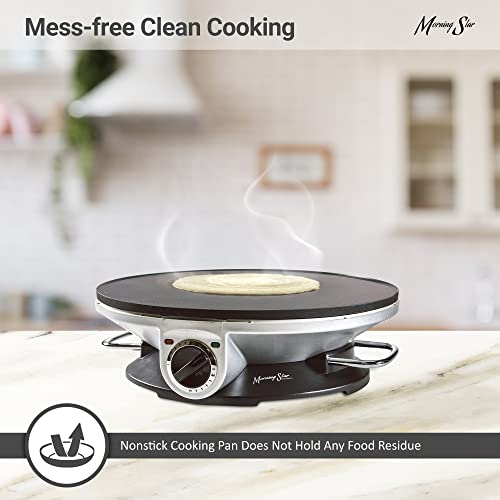 Morning Star Electric Crepe Maker Machine with 13-inch Non-stick Griddle Ideal for Pancakes, Eggs, Tortillas, & Lefse with Batter Spreader and attached Handle Crepes Maker