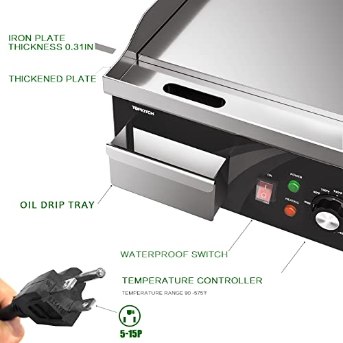 TOPKITCH Electric Griddle, 14 Inch Flat Top Grill Commercial Electric Griddles Stainless Steel Adjustable Temperature Control 90℉-575℉ for Home or Restaurant Use