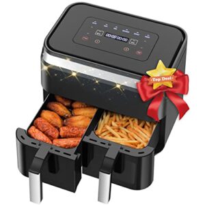 dybaxa 10qt 6-in-1 dual basket air fryer, 2 independent air fry baskets, clearcook windows, easy-to-control panel, roast broil dehydrate&more for quick & easy meals, nonstick & dishwasher-safe basket