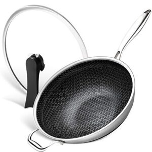 michelangelo wok pan with lid, 12.5 inch stainless steel wok with lid, woks & stir-fry pans with honeycomb coating, nonstick wok flat bottom, induction wok pan