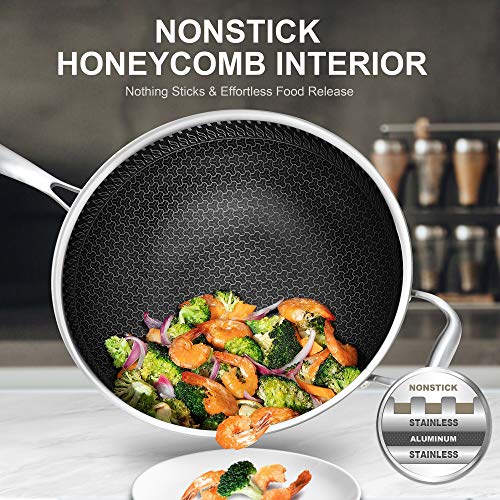 MICHELANGELO Wok Pan with Lid, 12.5 Inch Stainless Steel Wok with Lid, Woks & Stir-fry Pans with Honeycomb Coating, Nonstick Wok Flat Bottom, Induction Wok Pan