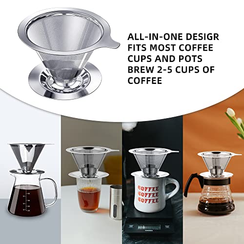 Oecoel 2 Packs, Pour Over Coffee Dripper Double Layer Pour Over Coffee Maker 304 Stainless Steel Manual Coffee Dripper Brewer for Family, Office, Outing, Camping 2Pack (With base + Without base)