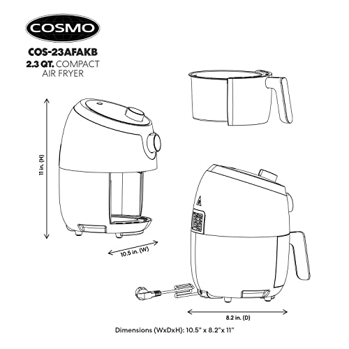 COSMO COS-23AFAKB 2.3 Quart Electric Small Air Fryer with Temperature Control, Timer, Auto Shut-Off, Non-Stick Frying Tray, 1000W Compact Mini Air Fryer (2.3 Quarts, Stainless Steel / Black)