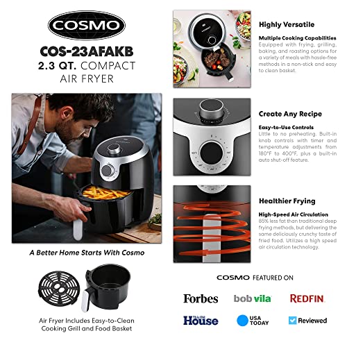 COSMO COS-23AFAKB 2.3 Quart Electric Small Air Fryer with Temperature Control, Timer, Auto Shut-Off, Non-Stick Frying Tray, 1000W Compact Mini Air Fryer (2.3 Quarts, Stainless Steel / Black)