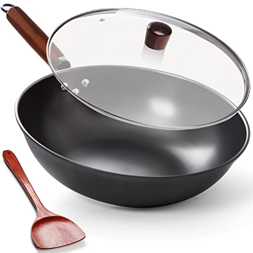 Clatine Carbon Steel Wok Pan, 13 Inch Wok and Stir-fry Pan, No Chemical Coated Wok Pan with Lid and Spatula, Nitrided Nonstick Chinese Wok with Flat Bottom for Induction, Electric and Gas Stove