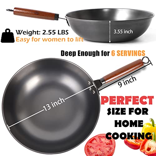 Clatine Carbon Steel Wok Pan, 13 Inch Wok and Stir-fry Pan, No Chemical Coated Wok Pan with Lid and Spatula, Nitrided Nonstick Chinese Wok with Flat Bottom for Induction, Electric and Gas Stove