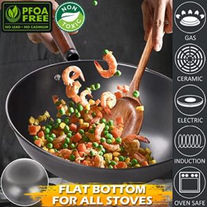 Clatine Carbon Steel Wok Pan, 13 Inch Wok and Stir-fry Pan, No Chemical Coated Wok Pan with Lid and Spatula, Nitrided Nonstick Chinese Wok with Flat Bottom for Induction, Electric and Gas Stove