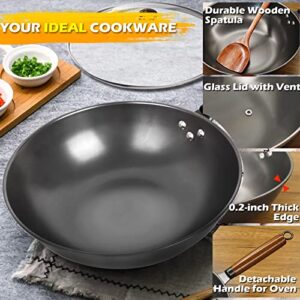 Clatine Carbon Steel Wok Pan, 13 Inch Wok and Stir-fry Pan, No Chemical Coated Wok Pan with Lid and Spatula, Nitrided Nonstick Chinese Wok with Flat Bottom for Induction, Electric and Gas Stove