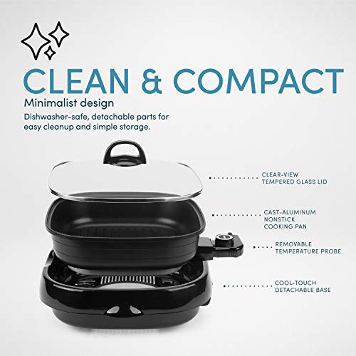 Aroma Housewares ASP-218B Grillet 4Qt. 3-in-1 Cool-Touch Electric Indoor Grill Portable, Dishwasher Safe, with Nonstick Pan & Tempered Glass Lid, Black